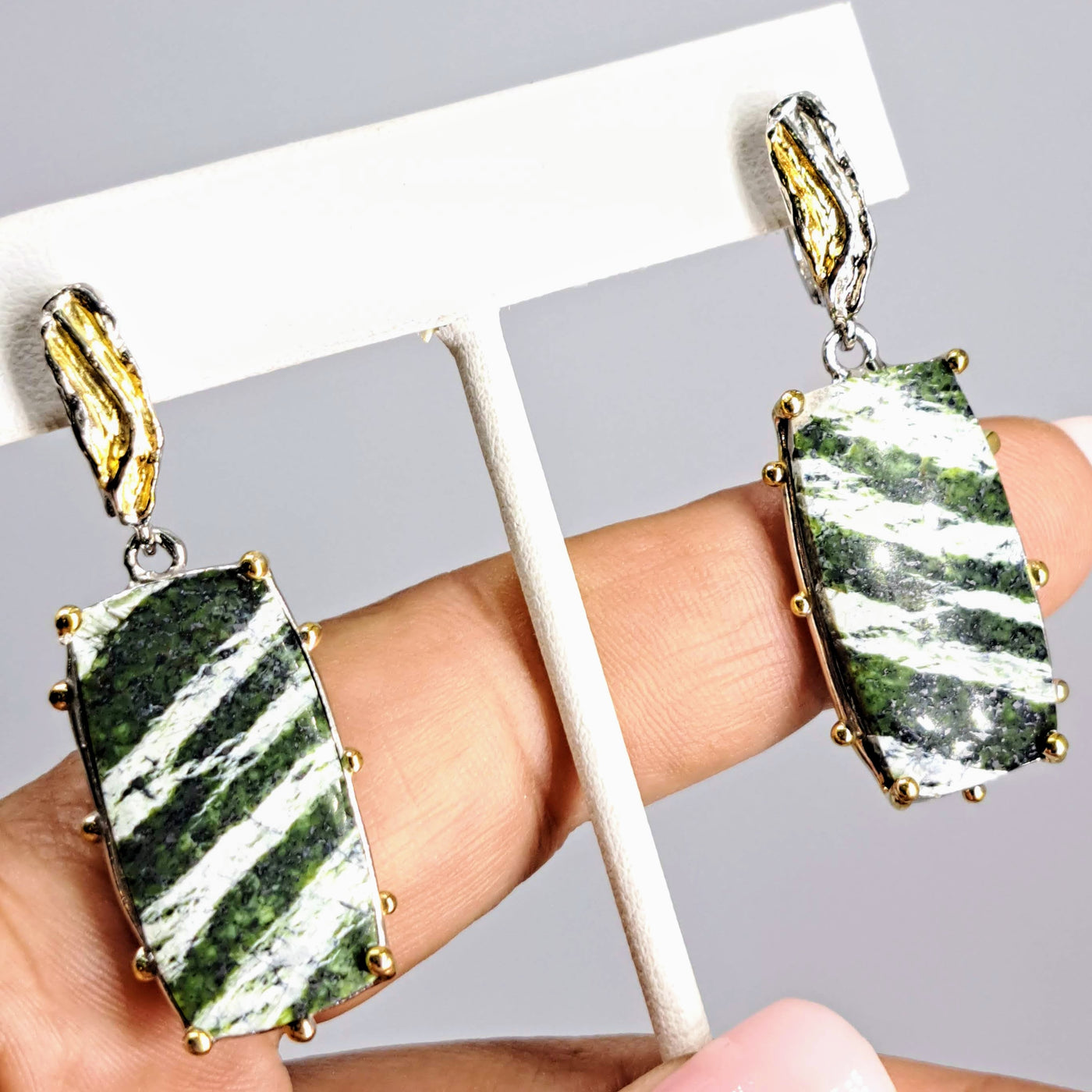 "Fruit-Striped Fabulous!" 2" Earrings - Green Zebra Jasper, Anti-tarnish Sterling, 18k Gold