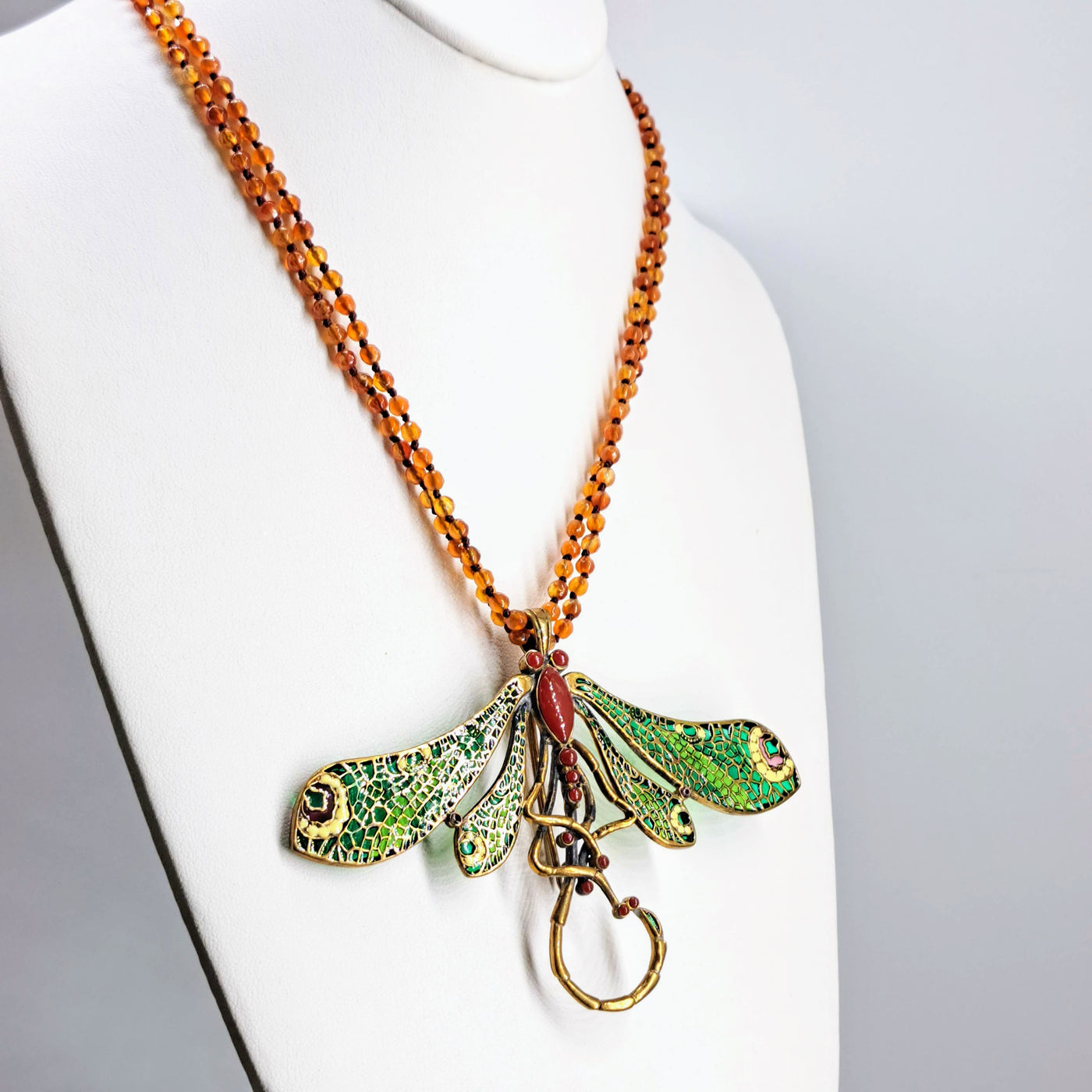 "Fly Dragonfly!" Necklace/Bracelet/Pendant - Carnelian, Bronze, Enamel