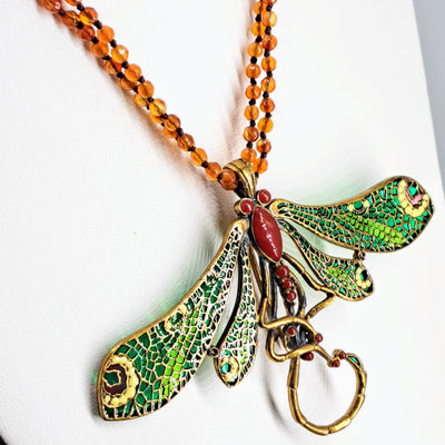 "Fly Dragonfly!" Necklace/Bracelet/Pendant - Carnelian, Bronze, Enamel