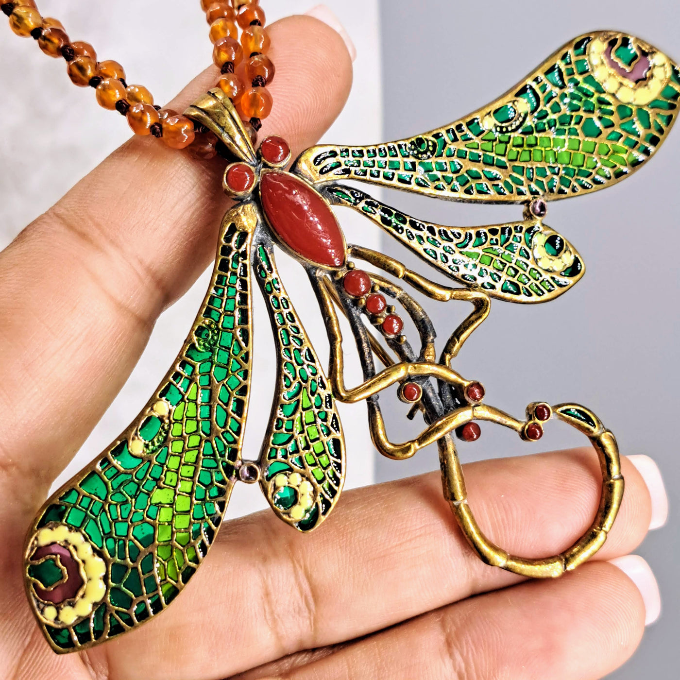 "Fly Dragonfly!" Necklace/Bracelet/Pendant - Carnelian, Bronze, Enamel