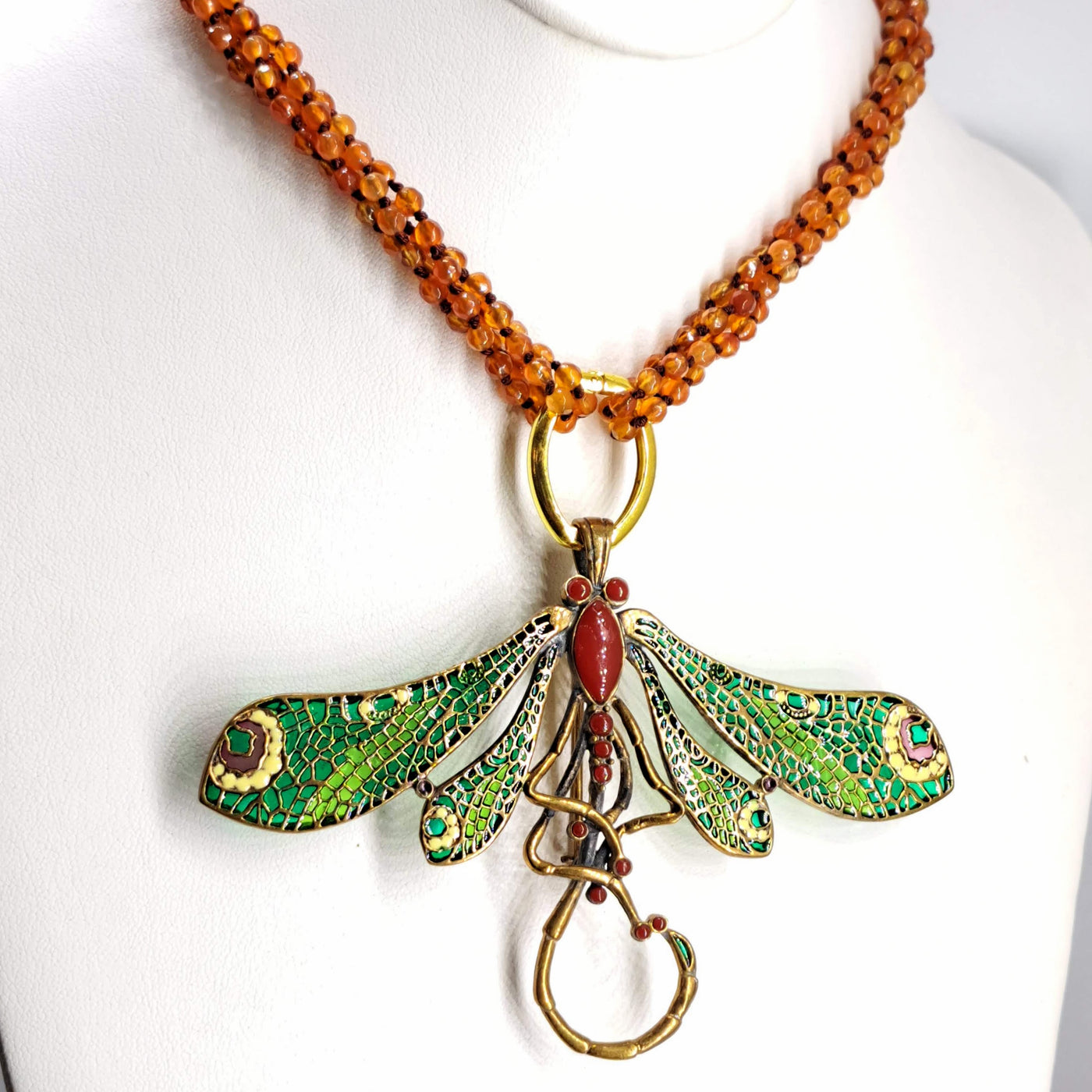 "Fly Dragonfly!" Necklace/Bracelet/Pendant - Carnelian, Bronze, Enamel