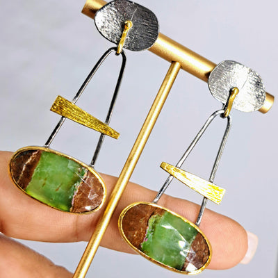 "Grass-hoppah!" 2.25" Earrings - Chrysoprase, Black & 18k Gold Sterling