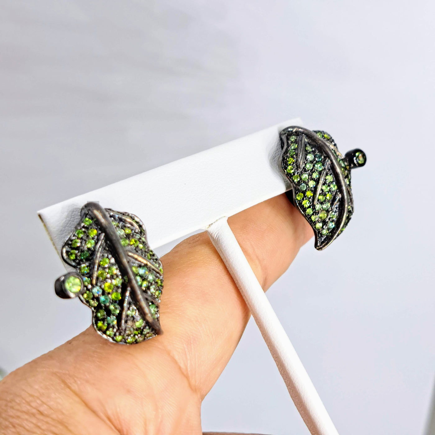 "Be Leaf Me" 1.25" Earrings - Peridot, Prasiolite, Chrome Diopside, Black Sterling