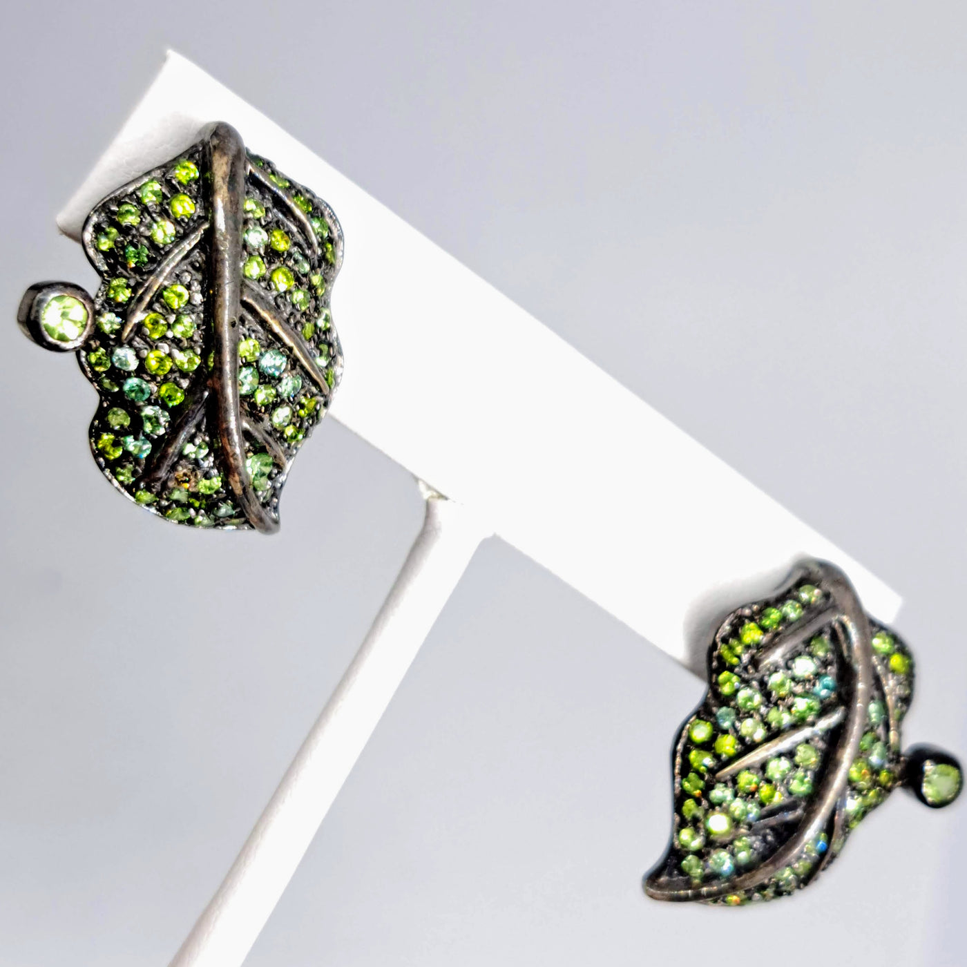 "Be Leaf Me" 1.25" Earrings - Peridot, Prasiolite, Chrome Diopside, Black Sterling