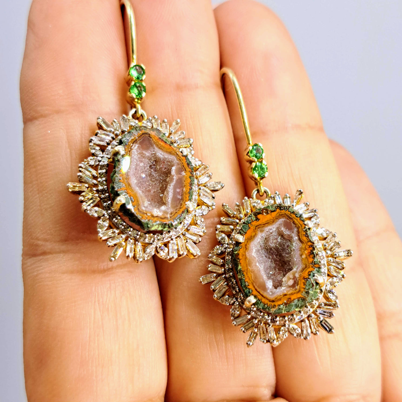 "Spice Of Life" 2" Earrings - Tabasco Geodes, Diamonds, Tsavorite, 18K Gold Sterling