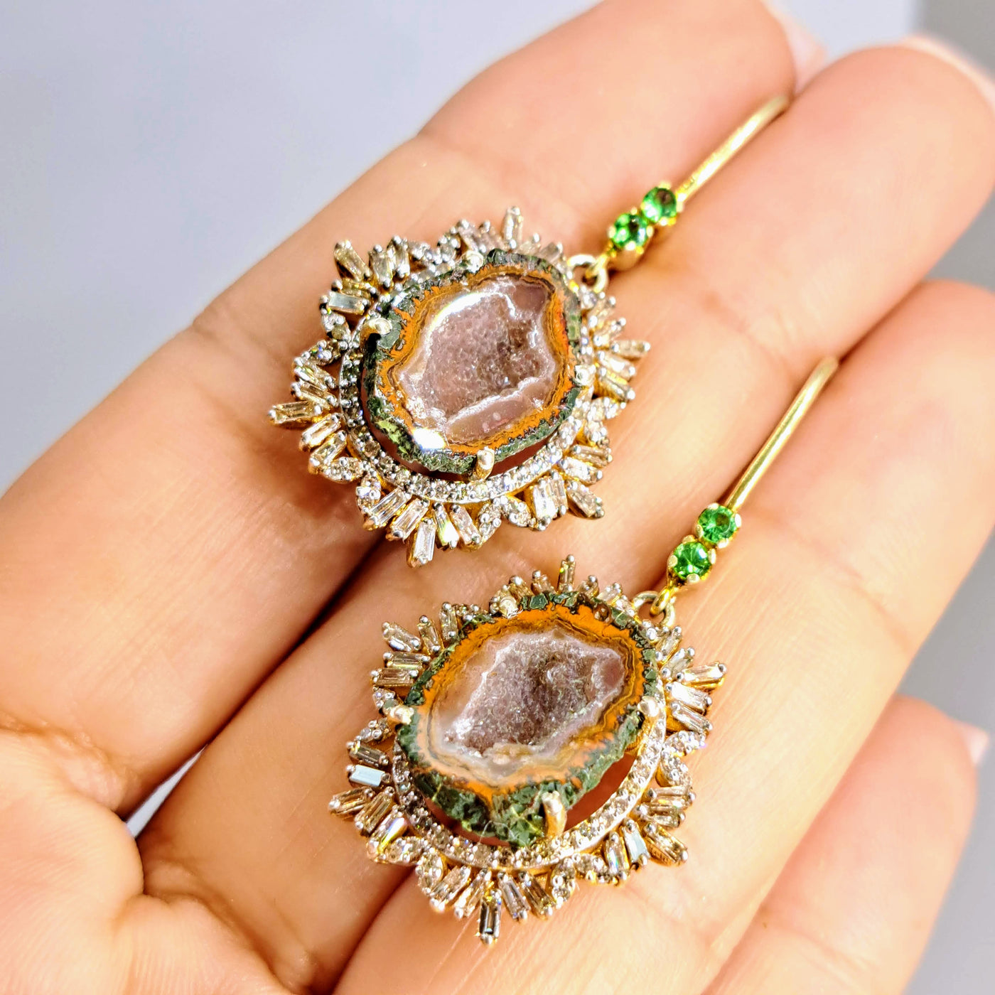 "Spice Of Life" 2" Earrings - Tabasco Geodes, Diamonds, Tsavorite, 18K Gold Sterling