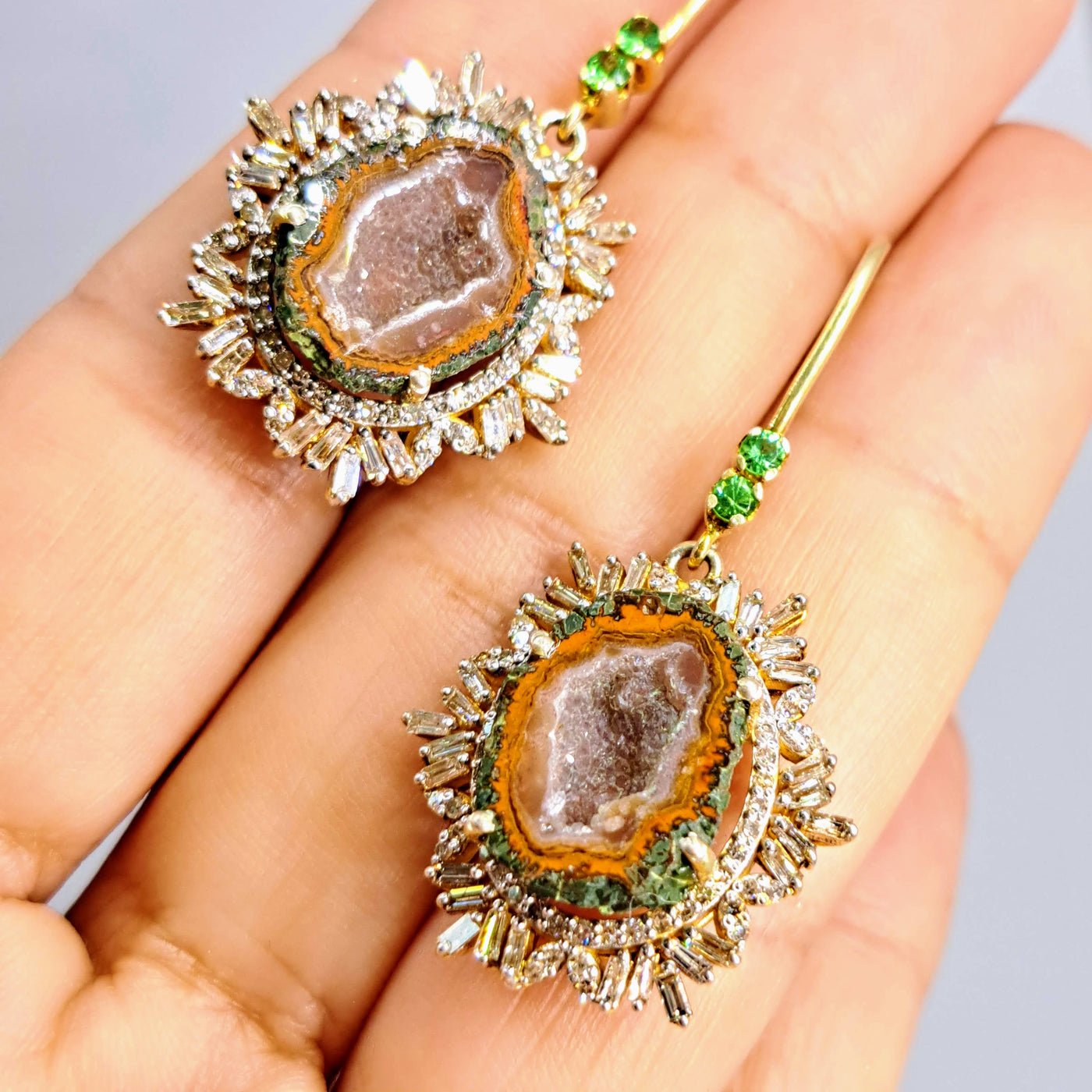 "Spice Of Life" 2" Earrings - Tabasco Geodes, Diamonds, Tsavorite, 18K Gold Sterling