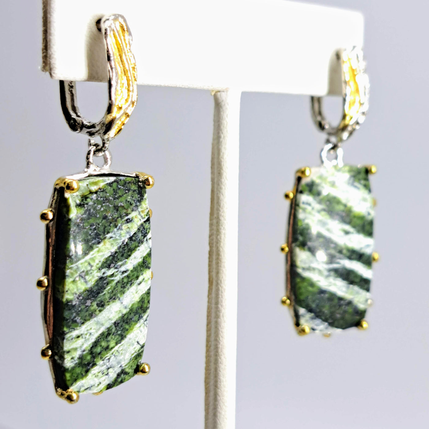 "Fruit-Striped Fabulous!" 2" Earrings - Green Zebra Jasper, Anti-tarnish Sterling, 18k Gold