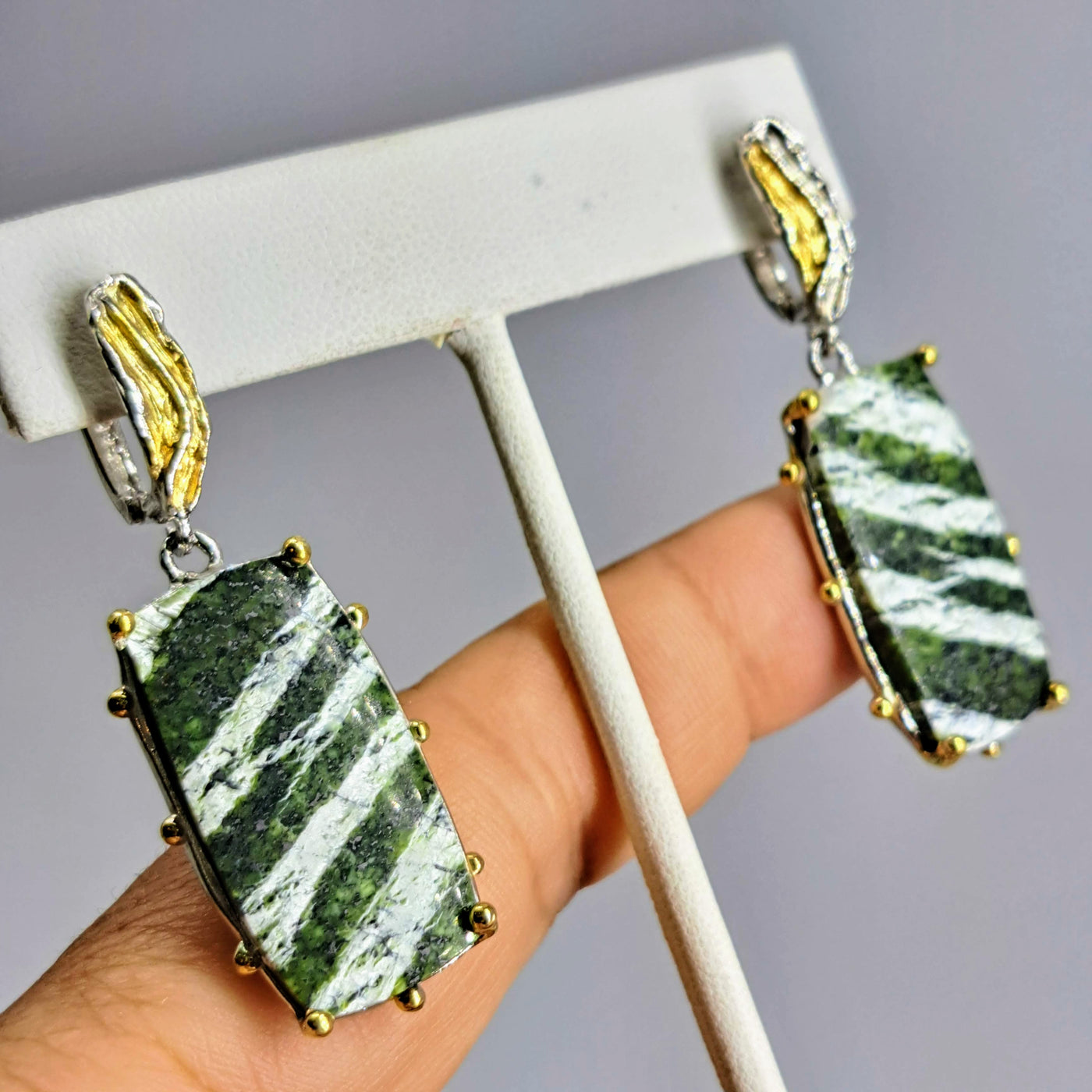 "Fruit-Striped Fabulous!" 2" Earrings - Green Zebra Jasper, Anti-tarnish Sterling, 18k Gold