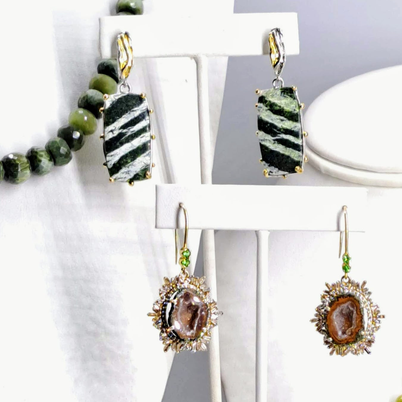 "Fruit-Striped Fabulous!" 2" Earrings - Green Zebra Jasper, Anti-tarnish Sterling, 18k Gold