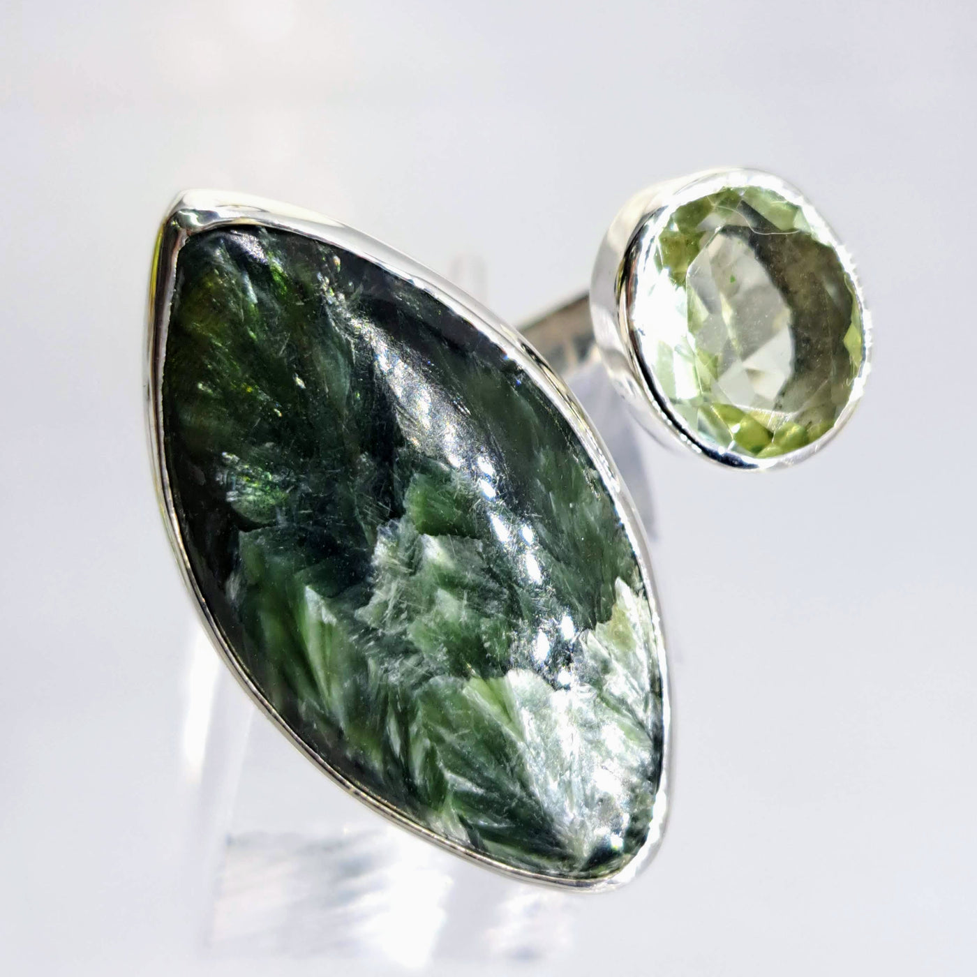 "Angel Face" Sz 7 - 8 Ring - Seraphinite, Prasiolite, Sterling