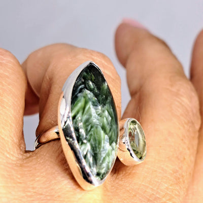 "Angel Face" Sz 7 - 8 Ring - Seraphinite, Prasiolite, Sterling