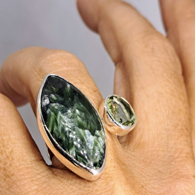 "Angel Face" Sz 7 - 8 Ring - Seraphinite, Prasiolite, Sterling