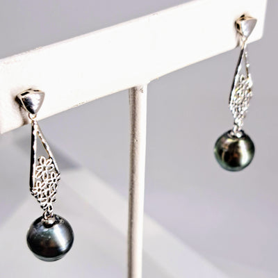 "Peacock Fan" 1.75" Earrings - Tahitian Pearl, Anti-tarnish Sterling