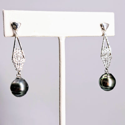 "Peacock Fan" 1.75" Earrings - Tahitian Pearl, Anti-tarnish Sterling