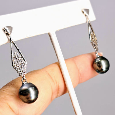 "Peacock Fan" 1.75" Earrings - Tahitian Pearl, Anti-tarnish Sterling