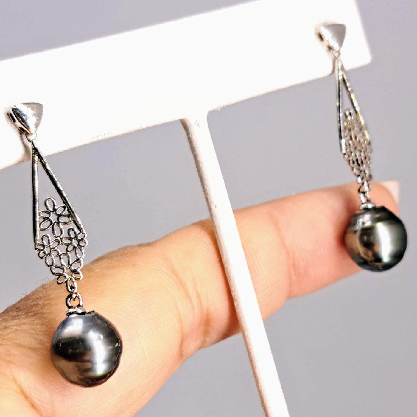 "Peacock Fan" 1.75" Earrings - Tahitian Pearl, Anti-tarnish Sterling