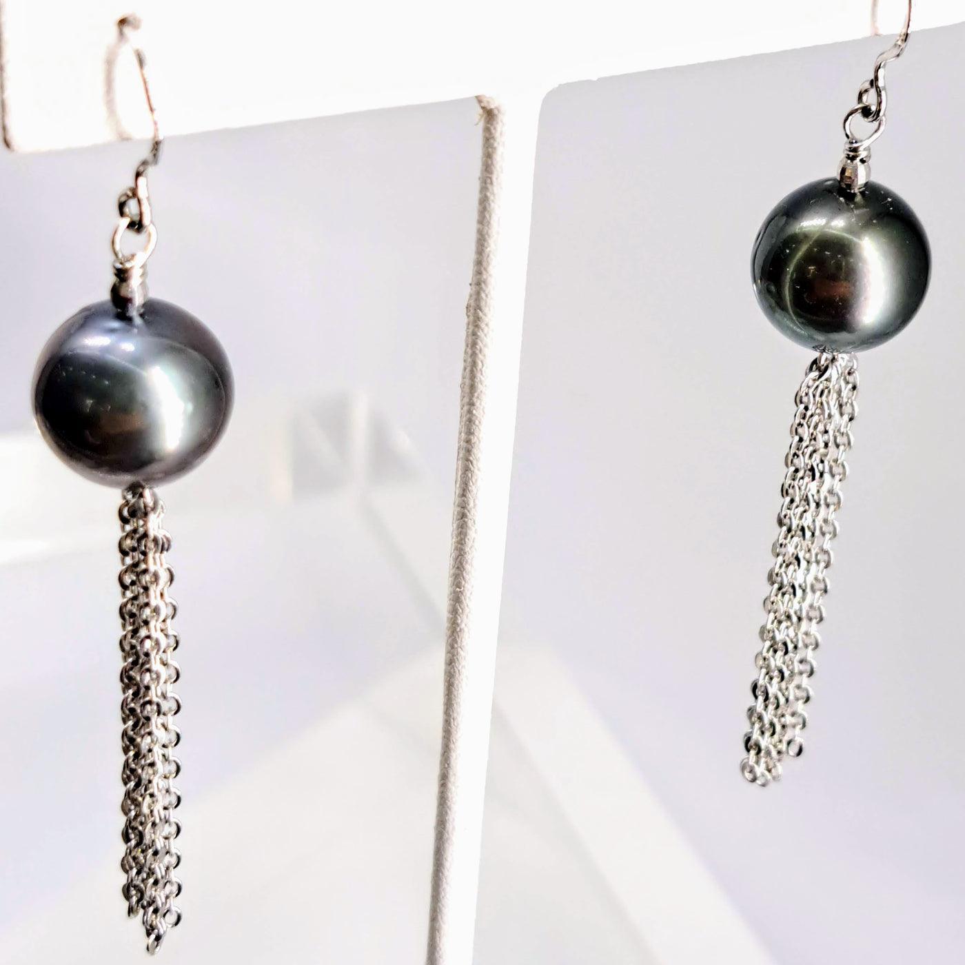 "Black Pearl Dancers" 2.75" Earrings - Tahitian Pearls, Anti-tarnish Sterling