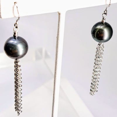 "Black Pearl Dancers" 2.75" Earrings - Tahitian Pearls, Anti-tarnish Sterling