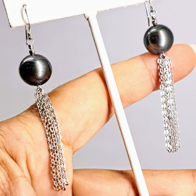 "Black Pearl Dancers" 2.75" Earrings - Tahitian Pearls, Anti-tarnish Sterling