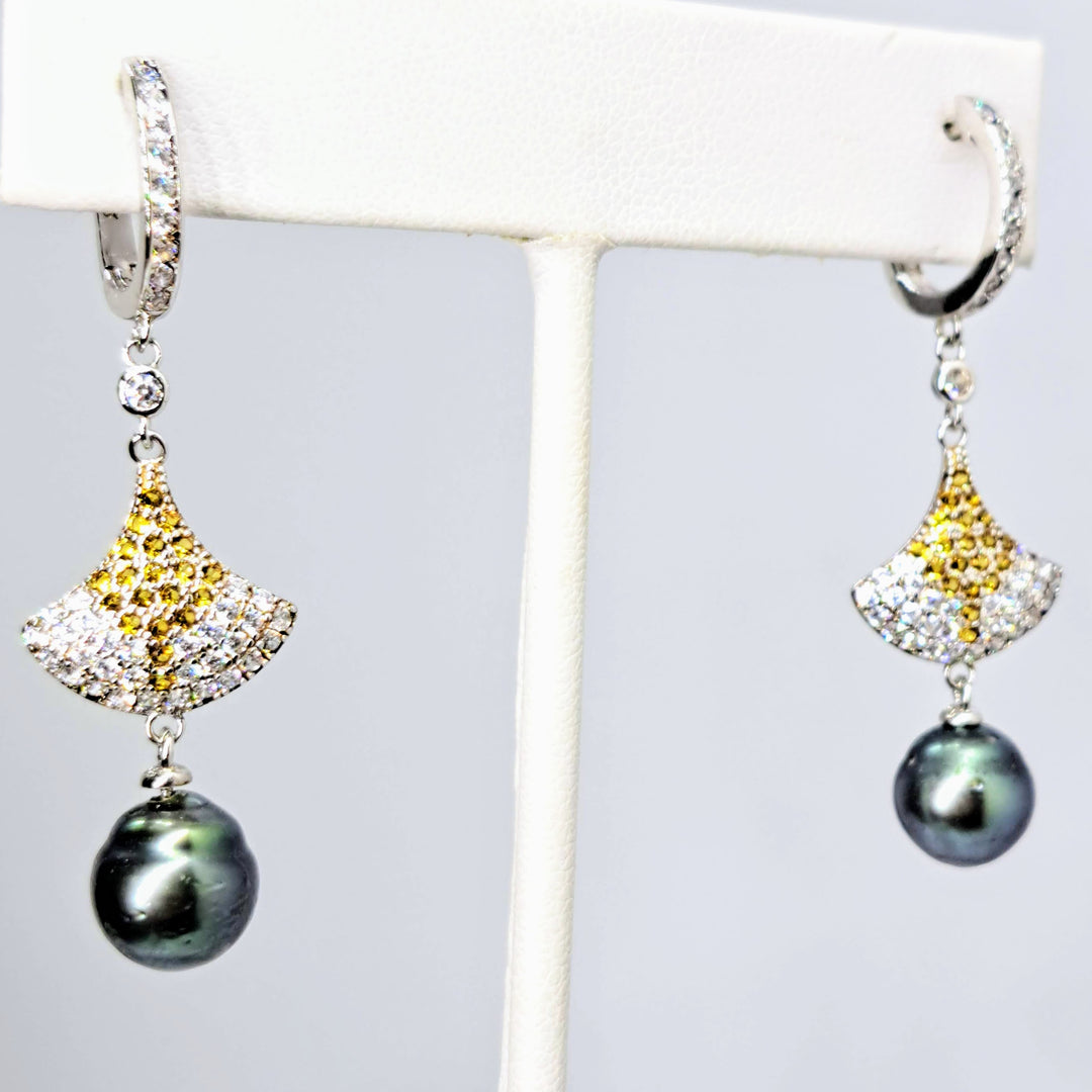 "Deco Fan" 2" Earrings - Tahitian Pearl, Topaz, Anti-tarnish Sterling