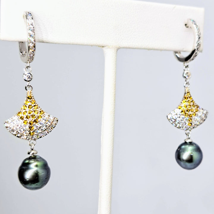 "Deco Fan" 2" Earrings - Tahitian Pearl, Topaz, Anti-tarnish Sterling