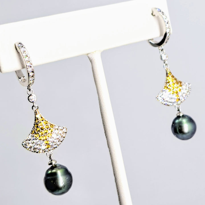 "Deco Fan" 2" Earrings - Tahitian Pearl, Topaz, Anti-tarnish Sterling