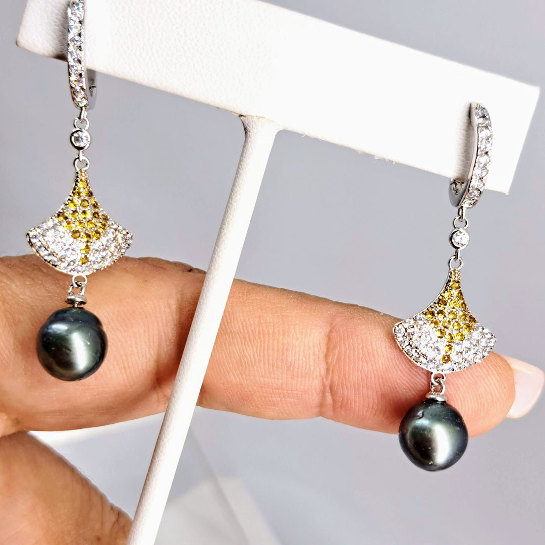 "Deco Fan" 2" Earrings - Tahitian Pearl, Topaz, Anti-tarnish Sterling