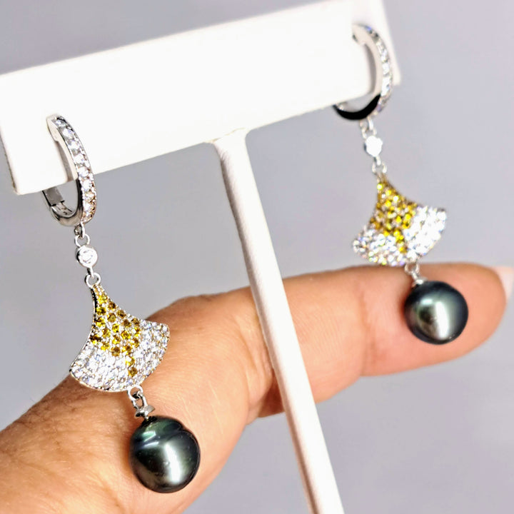 "Deco Fan" 2" Earrings - Tahitian Pearl, Topaz, Anti-tarnish Sterling
