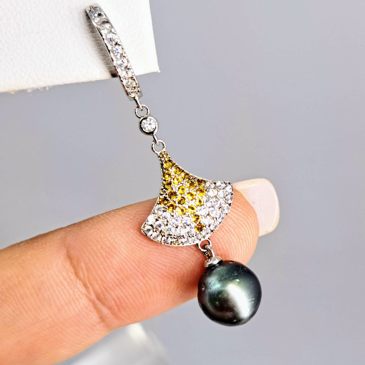 "Deco Fan" 2" Earrings - Tahitian Pearl, Topaz, Anti-tarnish Sterling