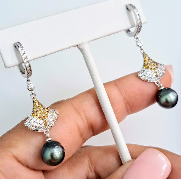 "Deco Fan" 2" Earrings - Tahitian Pearl, Topaz, Anti-tarnish Sterling