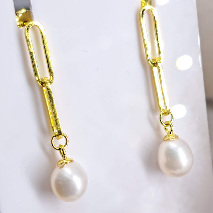 "Paperclip Pearl Drop" 1.25" Earrings - Pearl, 18k Gold Sterling