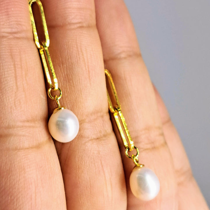 "Paperclip Pearl Drop" 1.25" Earrings - Pearl, 18k Gold Sterling