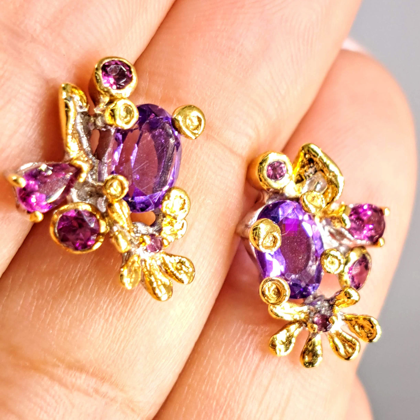 "Violet Desires" .75" Earrings - Amethyst, Rhodolite Garnet, Sterling, 18k Gold