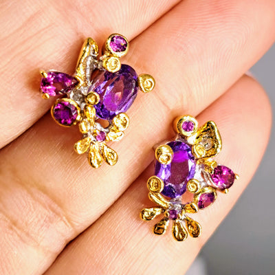 "Violet Desires" .75" Earrings - Amethyst, Rhodolite Garnet, Sterling, 18k Gold