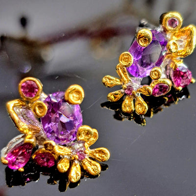 "Violet Desires" .75" Earrings - Amethyst, Rhodolite Garnet, Sterling, 18k Gold