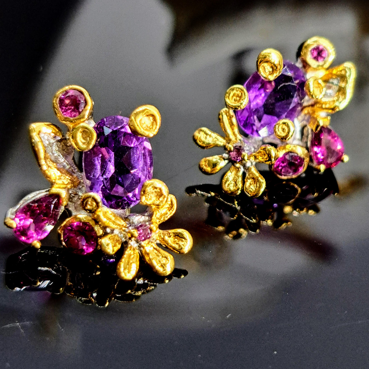 "Violet Desires" .75" Earrings - Amethyst, Rhodolite Garnet, Sterling, 18k Gold