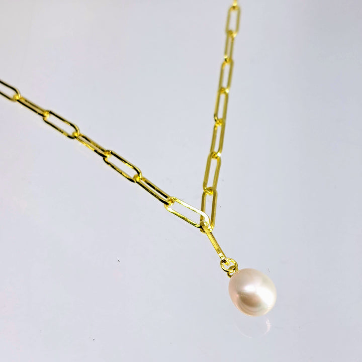 "Paperclip Pearl Drop" Adj. Up To 7.5" Bracelet - Pearl, 18k Gold Sterling