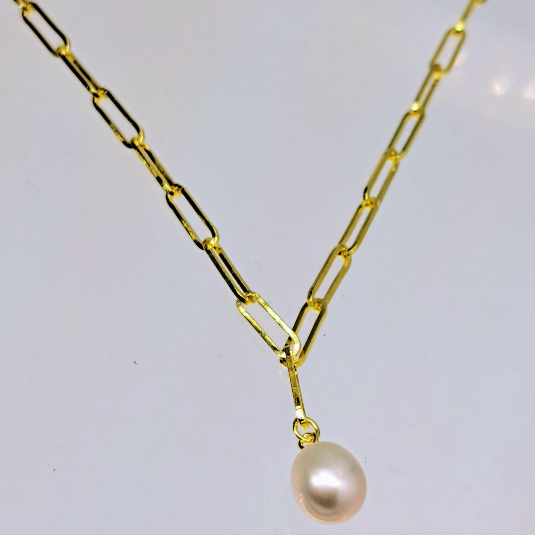 "Paperclip Pearl Drop" Adj. Up To 7.5" Bracelet - Pearl, 18k Gold Sterling