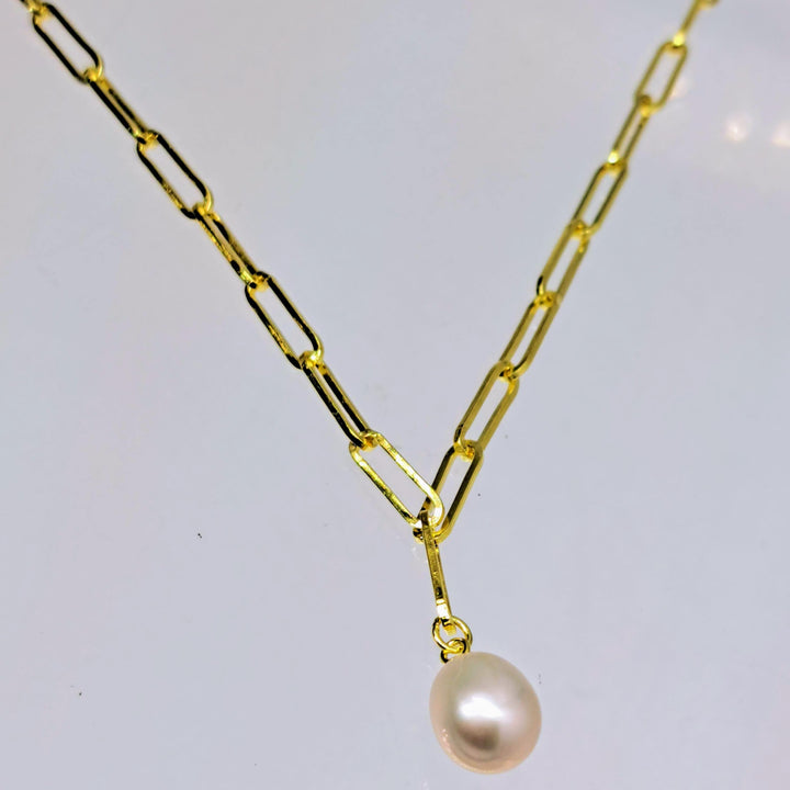 "Paperclip Pearl Drop" Adj. Up To 7.5" Bracelet - Pearl, 18k Gold Sterling
