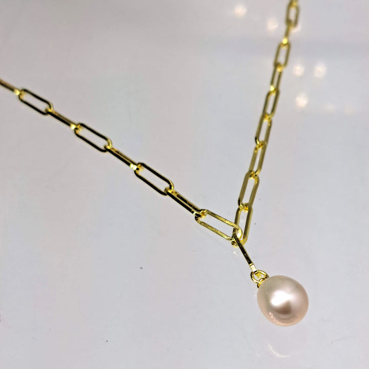 "Paperclip Pearl Drop" Adj. Up To 7.5" Bracelet - Pearl, 18k Gold Sterling