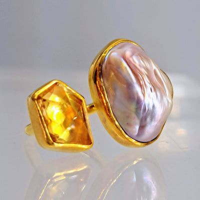 "Golden Sunset Souffle'" Flex-Sz 7,8,9 Ring - Baroque Pearl, Citrine, 18k Gold Sterling