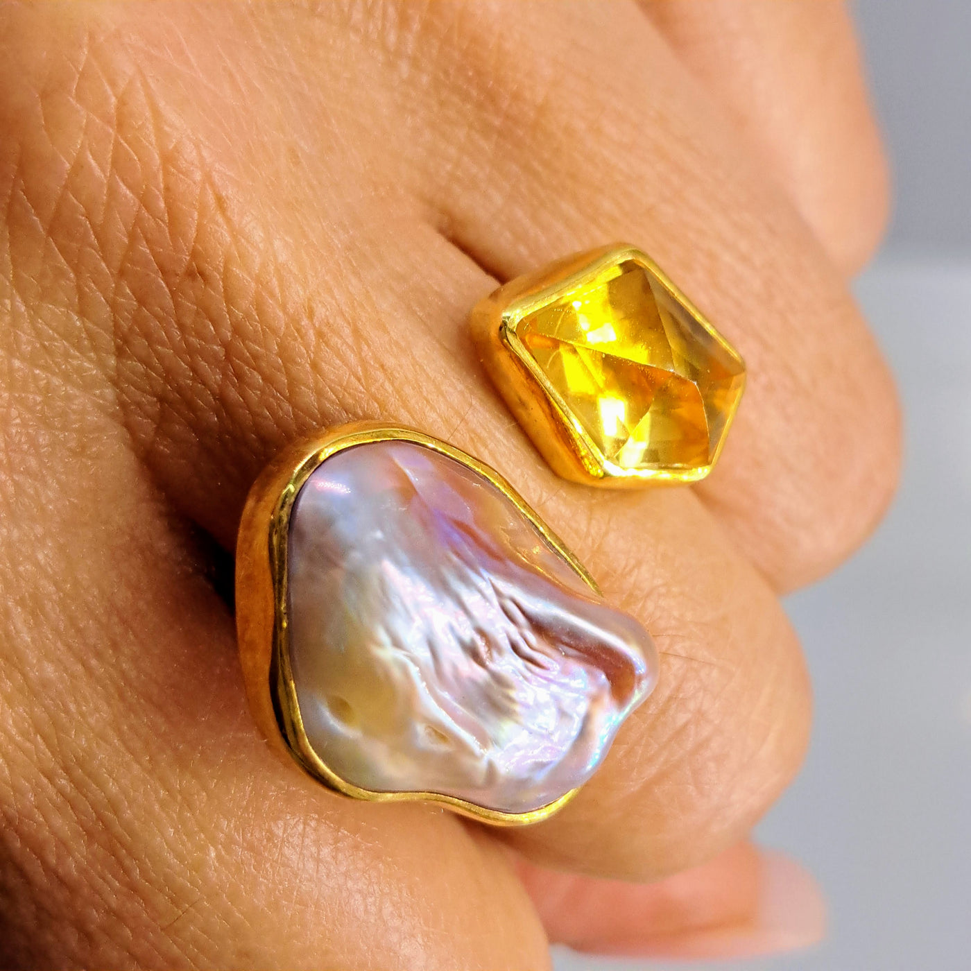 "Golden Sunset Souffle'" Flex-Sz 7,8,9 Ring - Baroque Pearl, Citrine, 18k Gold Sterling