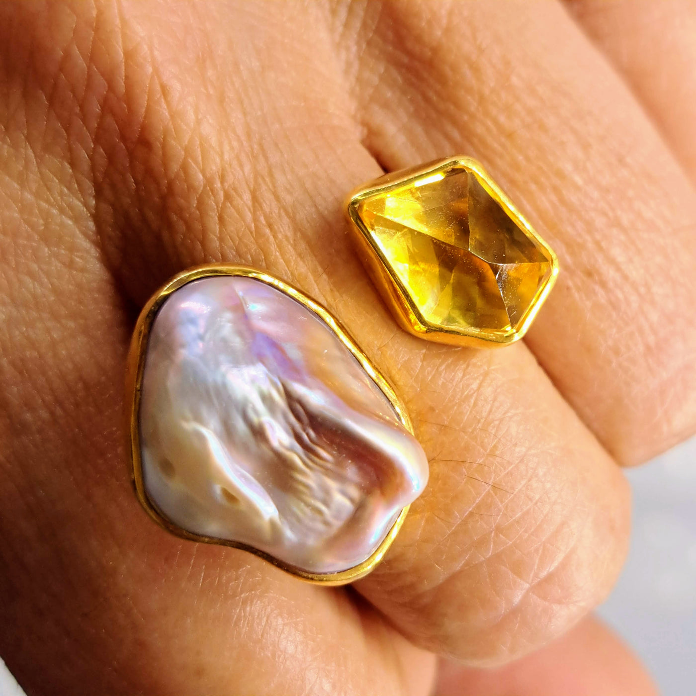 "Golden Sunset Souffle'" Flex-Sz 7,8,9 Ring - Baroque Pearl, Citrine, 18k Gold Sterling