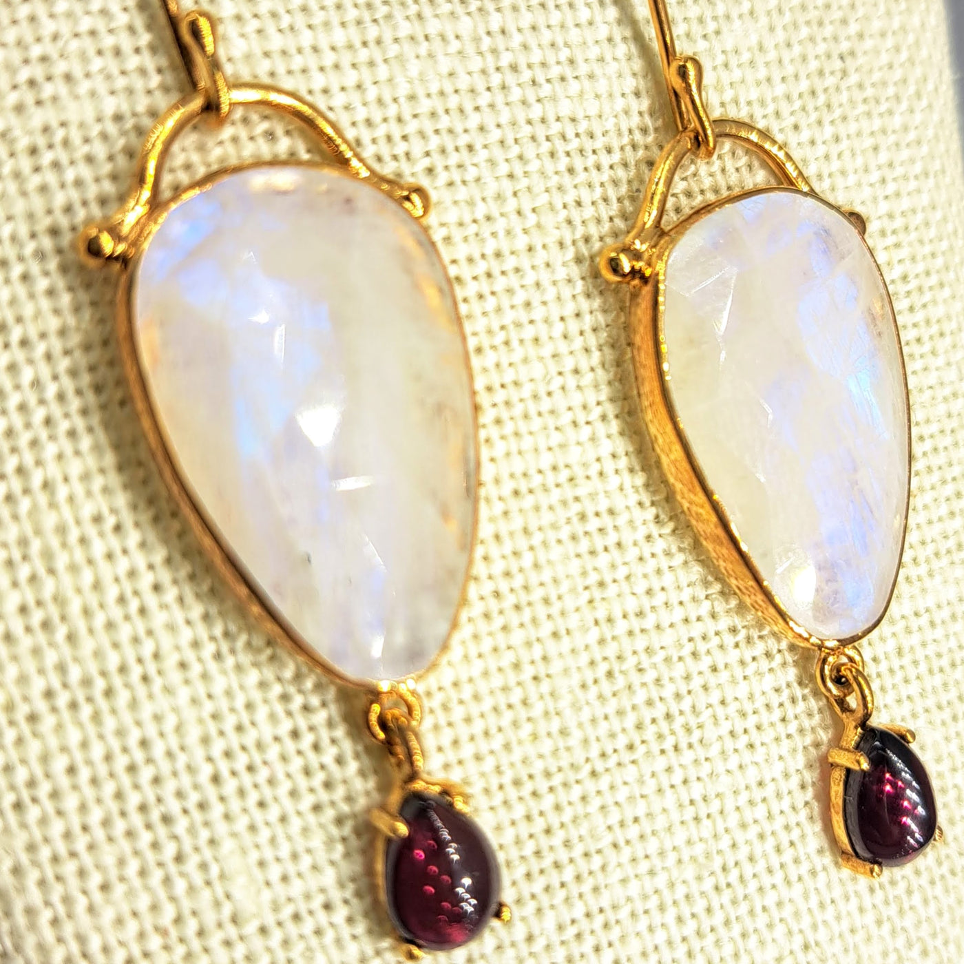 "Anunnaki Hand Bags" 2" Earrings - Moonstone, Rhodolite, 18k Gold Sterling