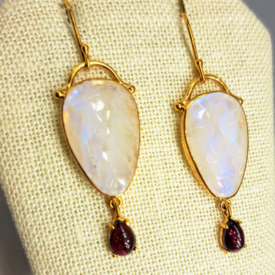 "Anunnaki Hand Bags" 2" Earrings - Moonstone, Rhodolite, 18k Gold Sterling