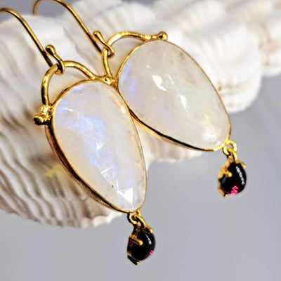 "Anunnaki Hand Bags" 2" Earrings - Moonstone, Rhodolite, 18k Gold Sterling