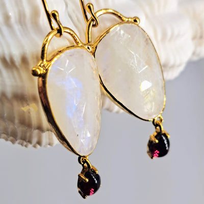 "Anunnaki Hand Bags" 2" Earrings - Moonstone, Rhodolite, 18k Gold Sterling