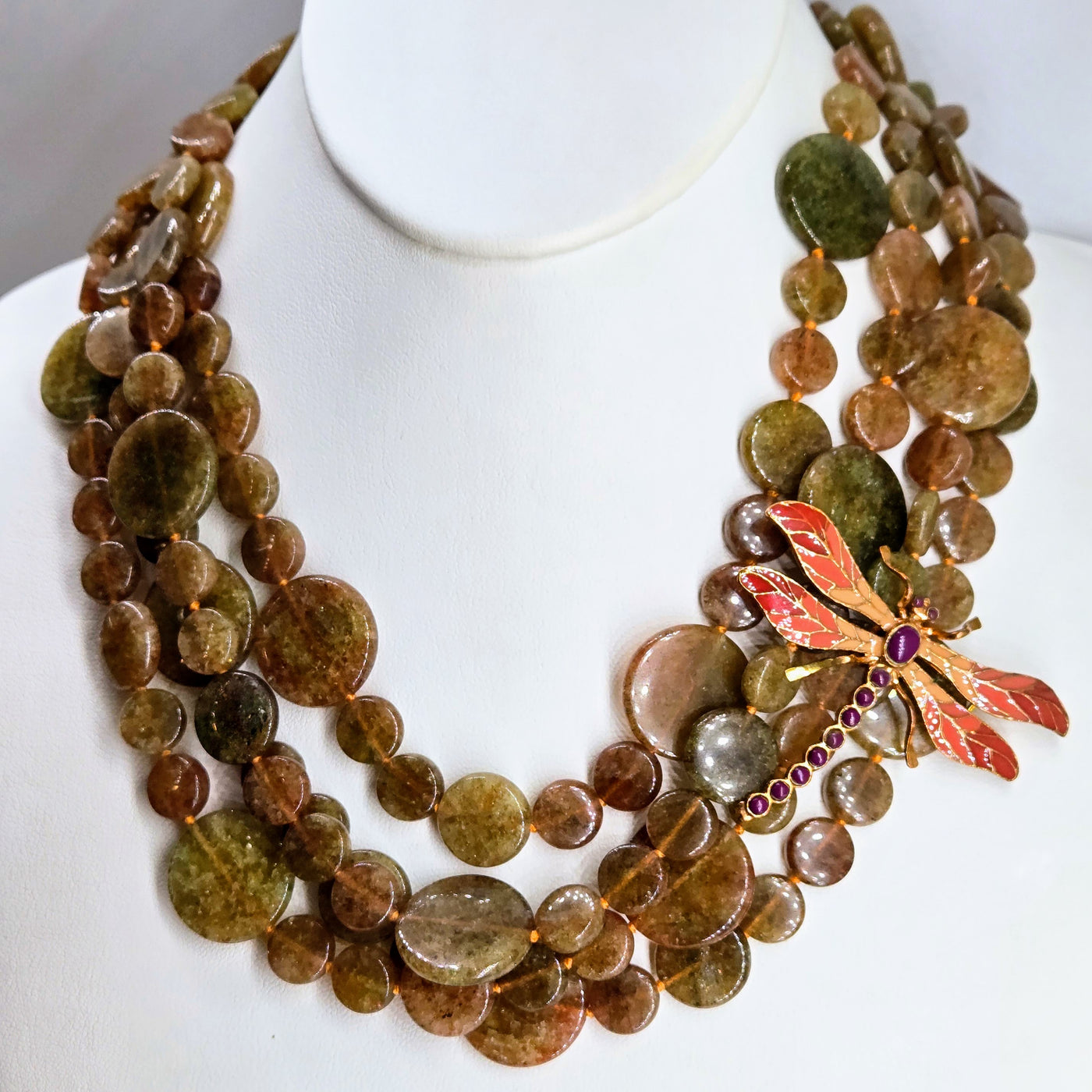 "Papaya Flya" Convertible Necklace/Brooch - Soo Chow Jade, Gold Sterling, Bronze, Enamel