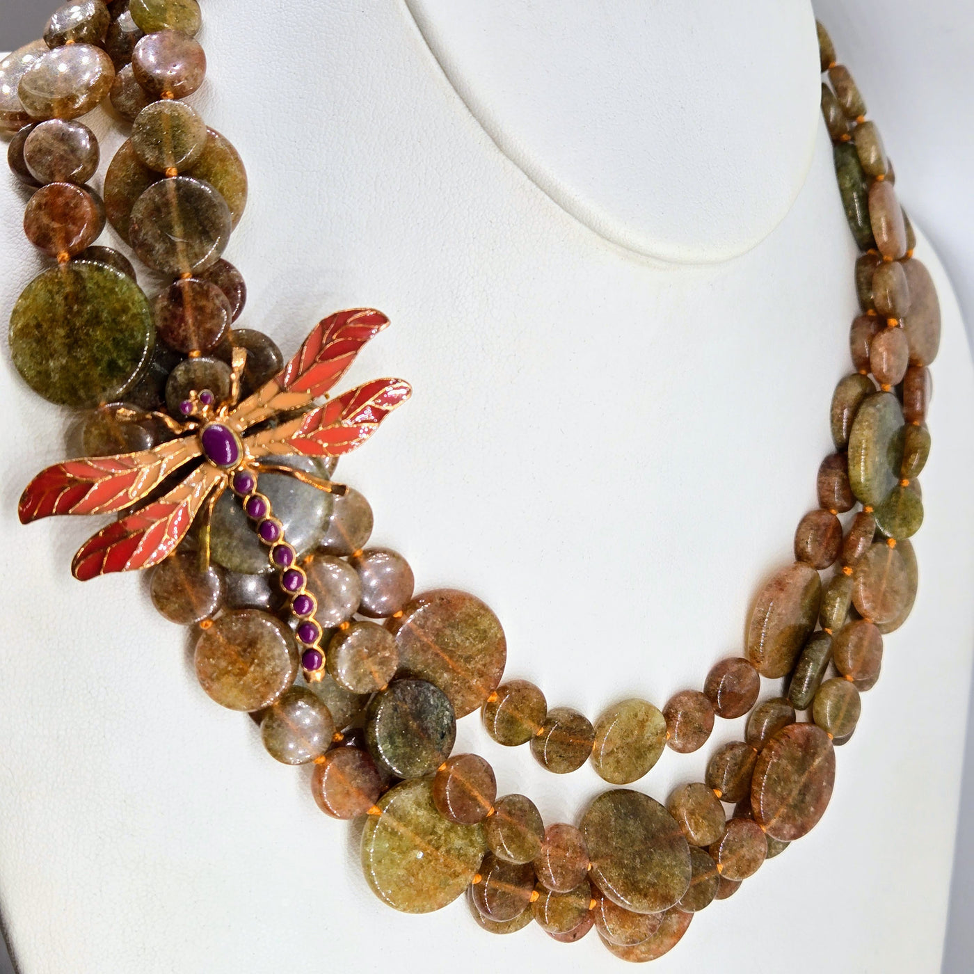 "Papaya Flya" Convertible Necklace/Brooch - Soo Chow Jade, Gold Sterling, Bronze, Enamel